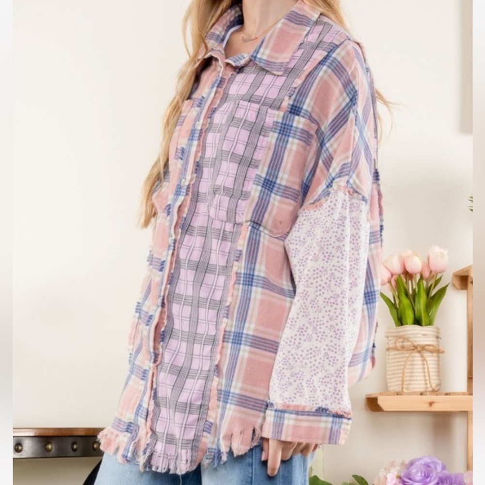 Blue Velvet - Button Down Color Block Shirt in Pink and Purple NWT - Picture 2 of 3